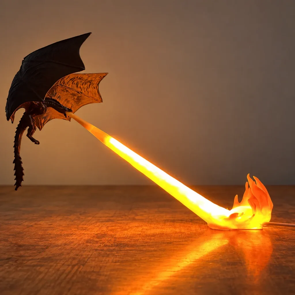 3D printed dragon lamp with glowing flame beam, USB powered